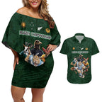Custom Rugby Southern Hemisphere Couples Matching Off Shoulder Short Dress and Hawaiian Shirt Argentina AUNZ South Africa Mascot Green - Aussie Hoodie