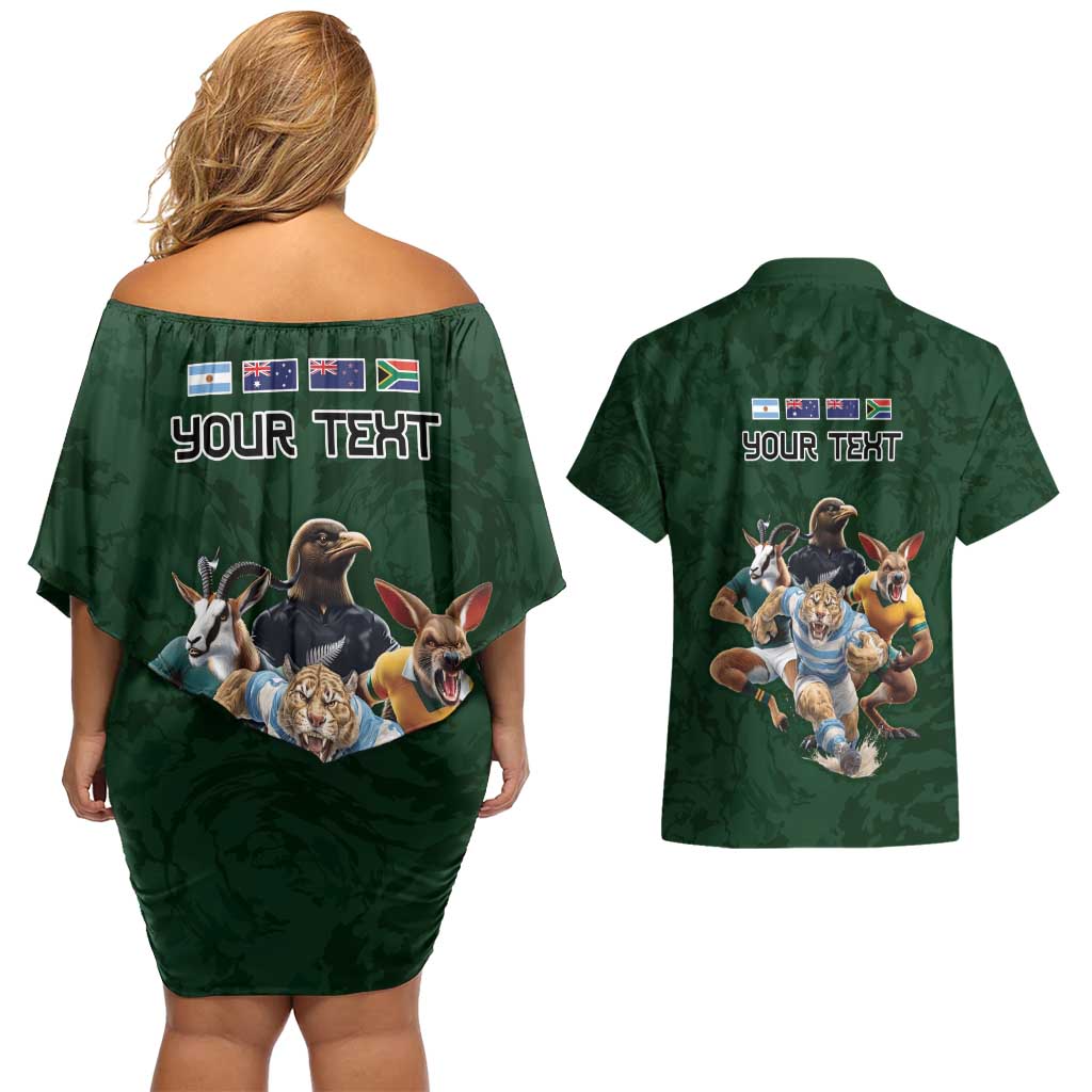 Custom Rugby Southern Hemisphere Couples Matching Off Shoulder Short Dress and Hawaiian Shirt Argentina AUNZ South Africa Mascot Green - Aussie Hoodie