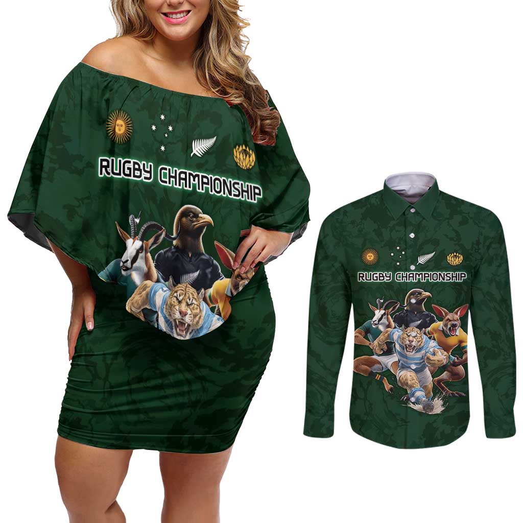 Custom Rugby Southern Hemisphere Couples Matching Off Shoulder Short Dress and Long Sleeve Button Shirt Argentina AUNZ South Africa Mascot Green - Aussie Hoodie