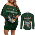 Custom Rugby Southern Hemisphere Couples Matching Off Shoulder Short Dress and Long Sleeve Button Shirt Argentina AUNZ South Africa Mascot Green - Aussie Hoodie