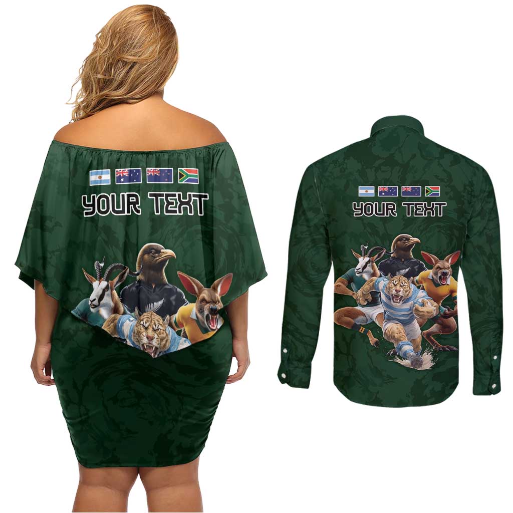 Custom Rugby Southern Hemisphere Couples Matching Off Shoulder Short Dress and Long Sleeve Button Shirt Argentina AUNZ South Africa Mascot Green - Aussie Hoodie