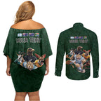 Custom Rugby Southern Hemisphere Couples Matching Off Shoulder Short Dress and Long Sleeve Button Shirt Argentina AUNZ South Africa Mascot Green - Aussie Hoodie