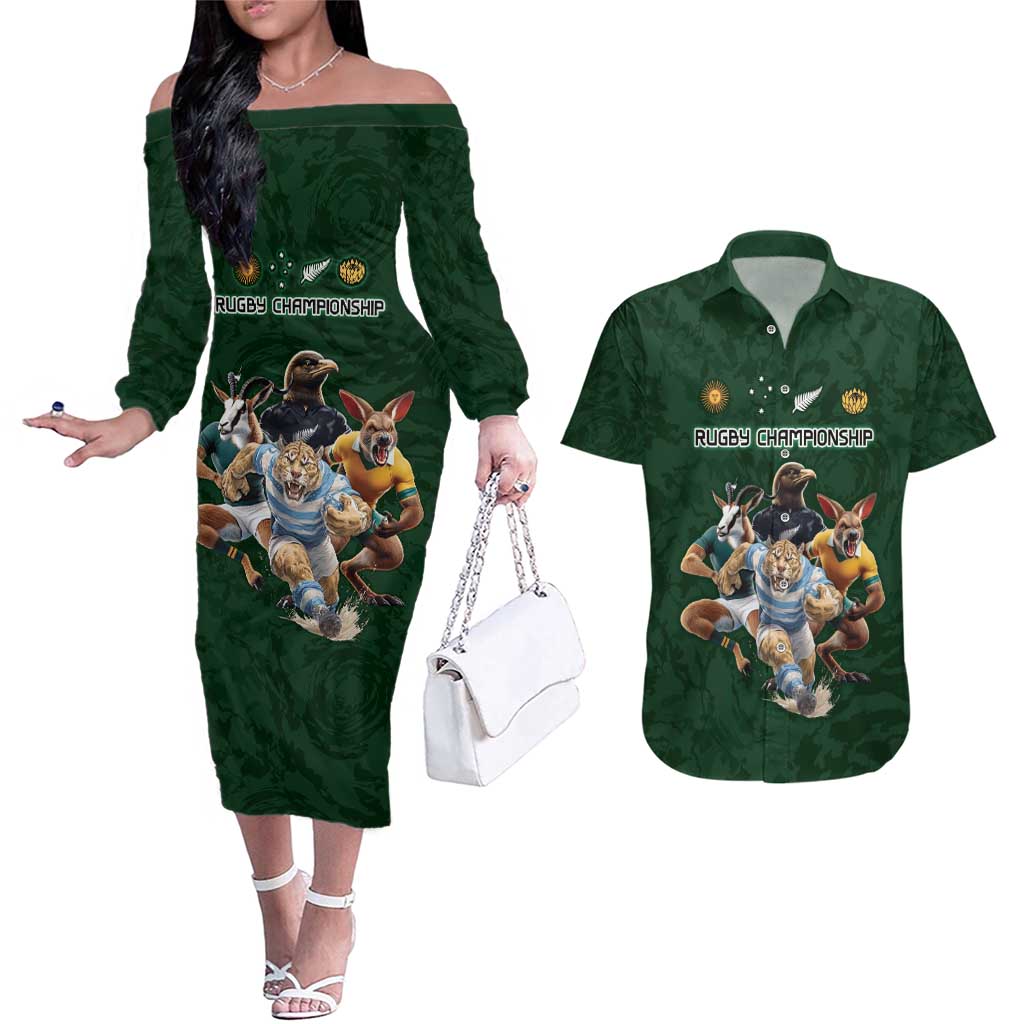 Custom Rugby Southern Hemisphere Couples Matching Off The Shoulder Long Sleeve Dress and Hawaiian Shirt Argentina AUNZ South Africa Mascot Green - Aussie Hoodie
