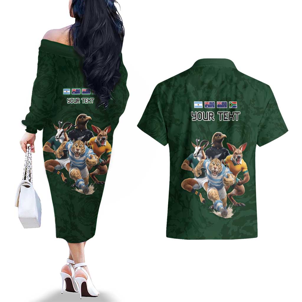 Custom Rugby Southern Hemisphere Couples Matching Off The Shoulder Long Sleeve Dress and Hawaiian Shirt Argentina AUNZ South Africa Mascot Green - Aussie Hoodie