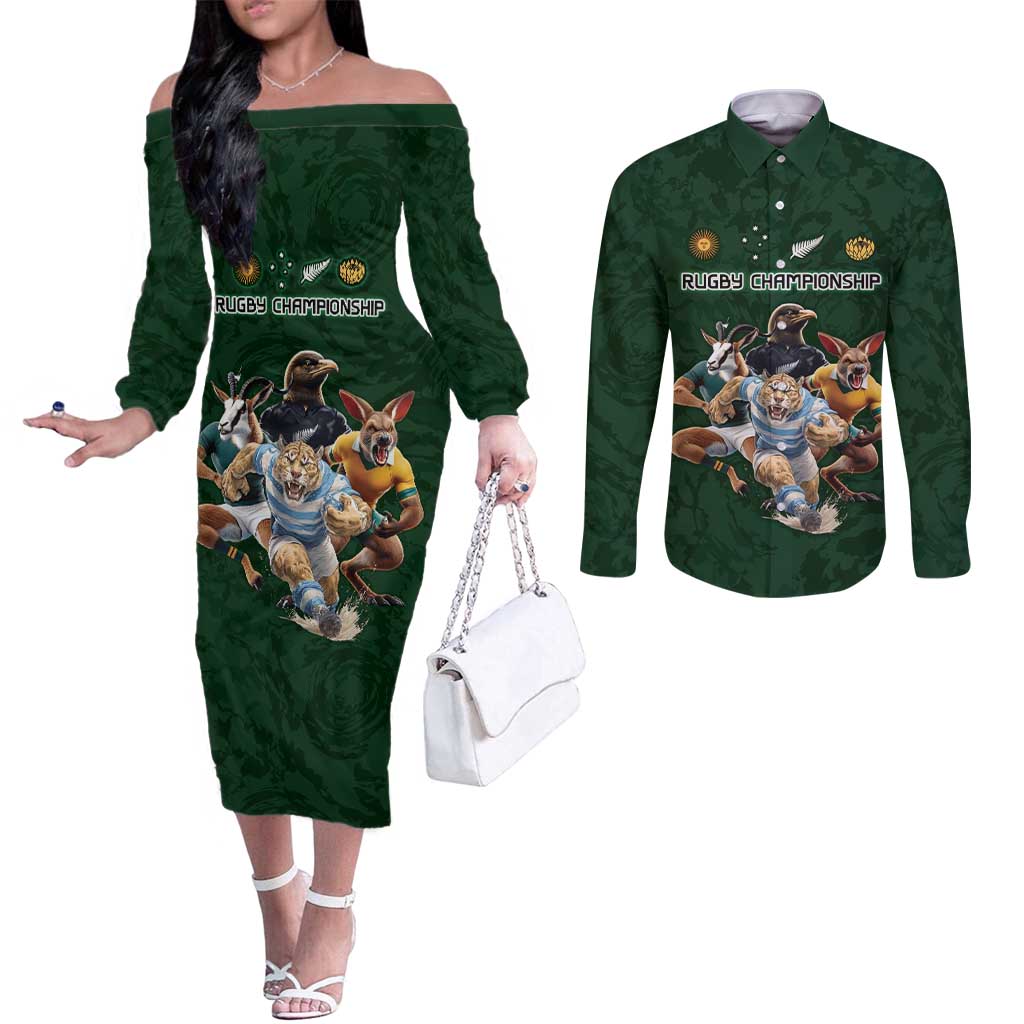 Custom Rugby Southern Hemisphere Couples Matching Off The Shoulder Long Sleeve Dress and Long Sleeve Button Shirt Argentina AUNZ South Africa Mascot Green - Aussie Hoodie