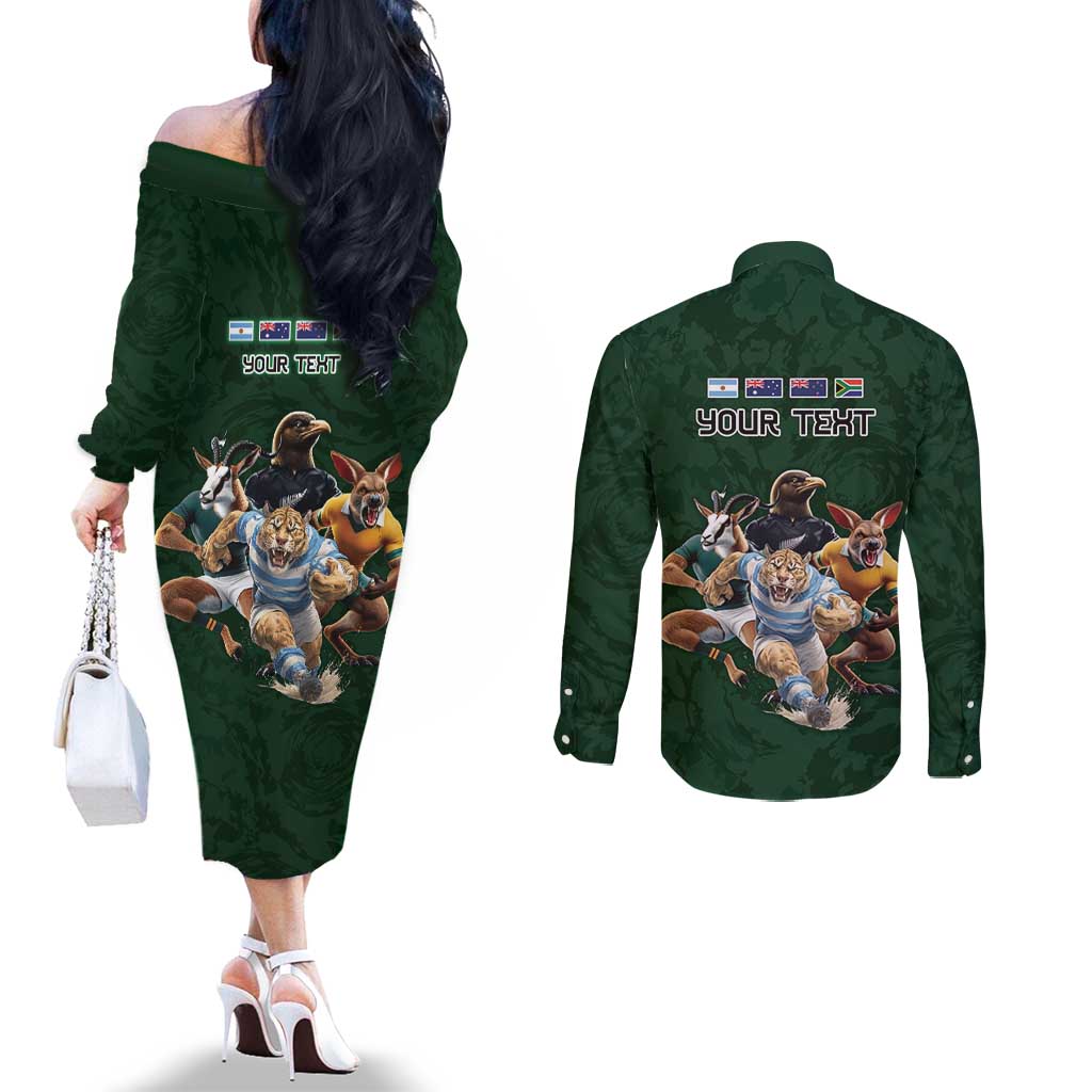Custom Rugby Southern Hemisphere Couples Matching Off The Shoulder Long Sleeve Dress and Long Sleeve Button Shirt Argentina AUNZ South Africa Mascot Green - Aussie Hoodie