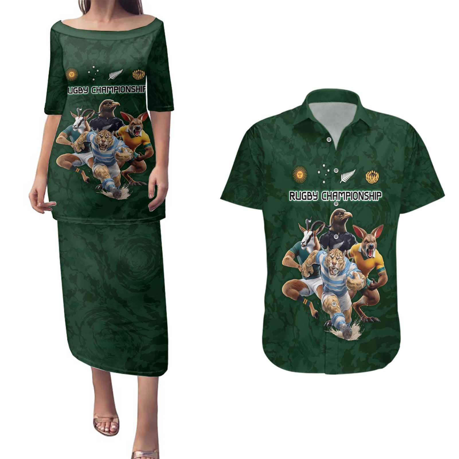 Custom Rugby Southern Hemisphere Couples Matching Puletasi and Hawaiian Shirt Argentina AUNZ South Africa Mascot Green - Aussie Hoodie