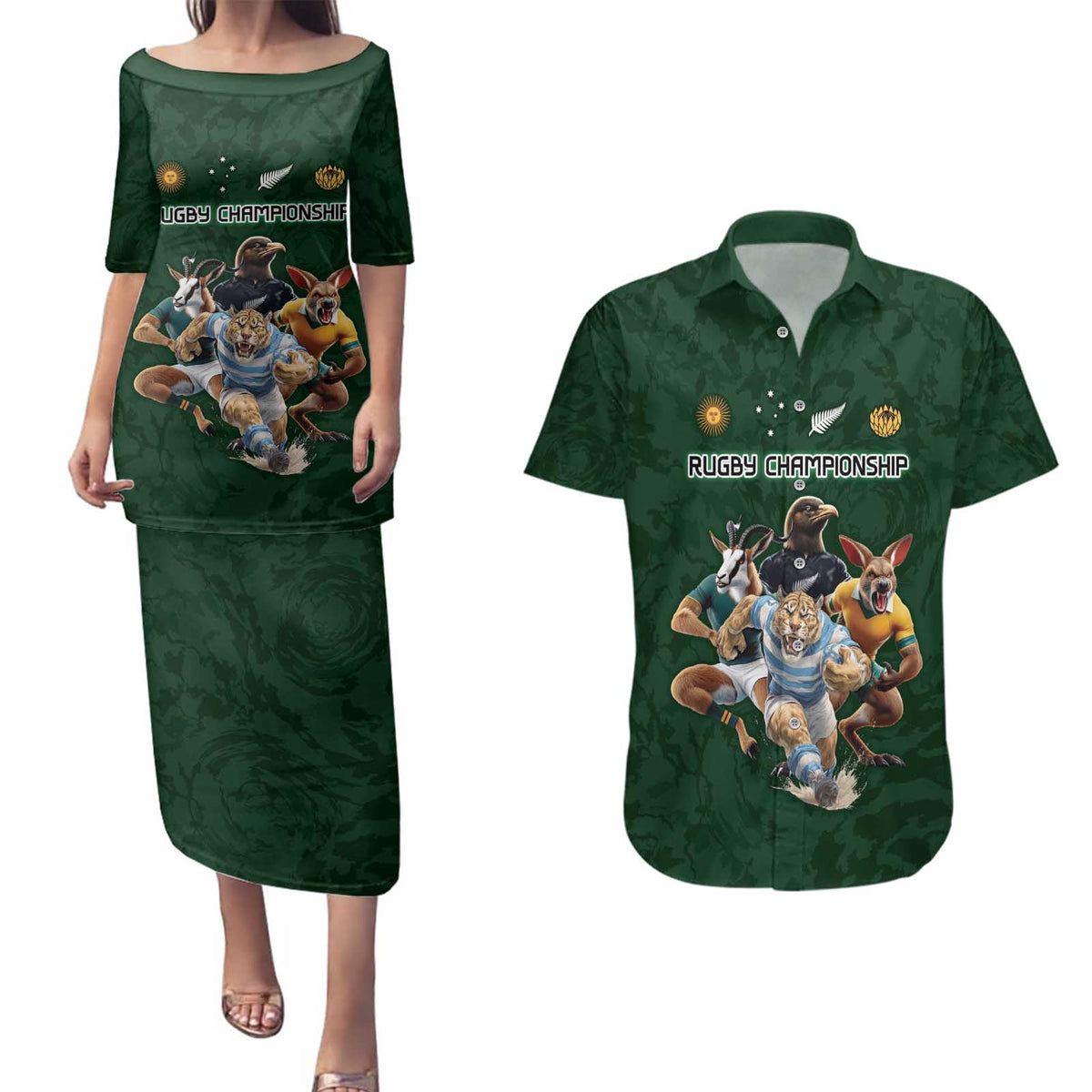 Custom Rugby Southern Hemisphere Couples Matching Puletasi and Hawaiian Shirt Argentina AUNZ South Africa Mascot Green - Aussie Hoodie