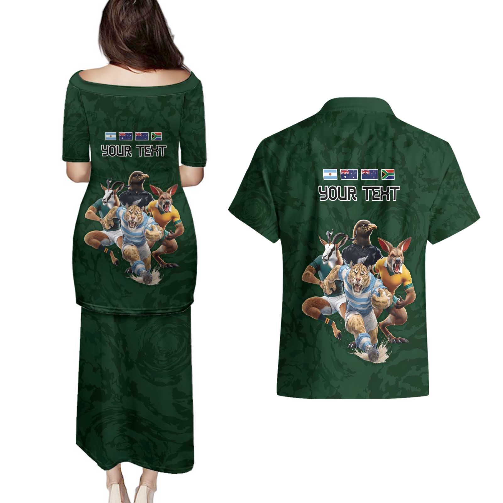 Custom Rugby Southern Hemisphere Couples Matching Puletasi and Hawaiian Shirt Argentina AUNZ South Africa Mascot Green - Aussie Hoodie
