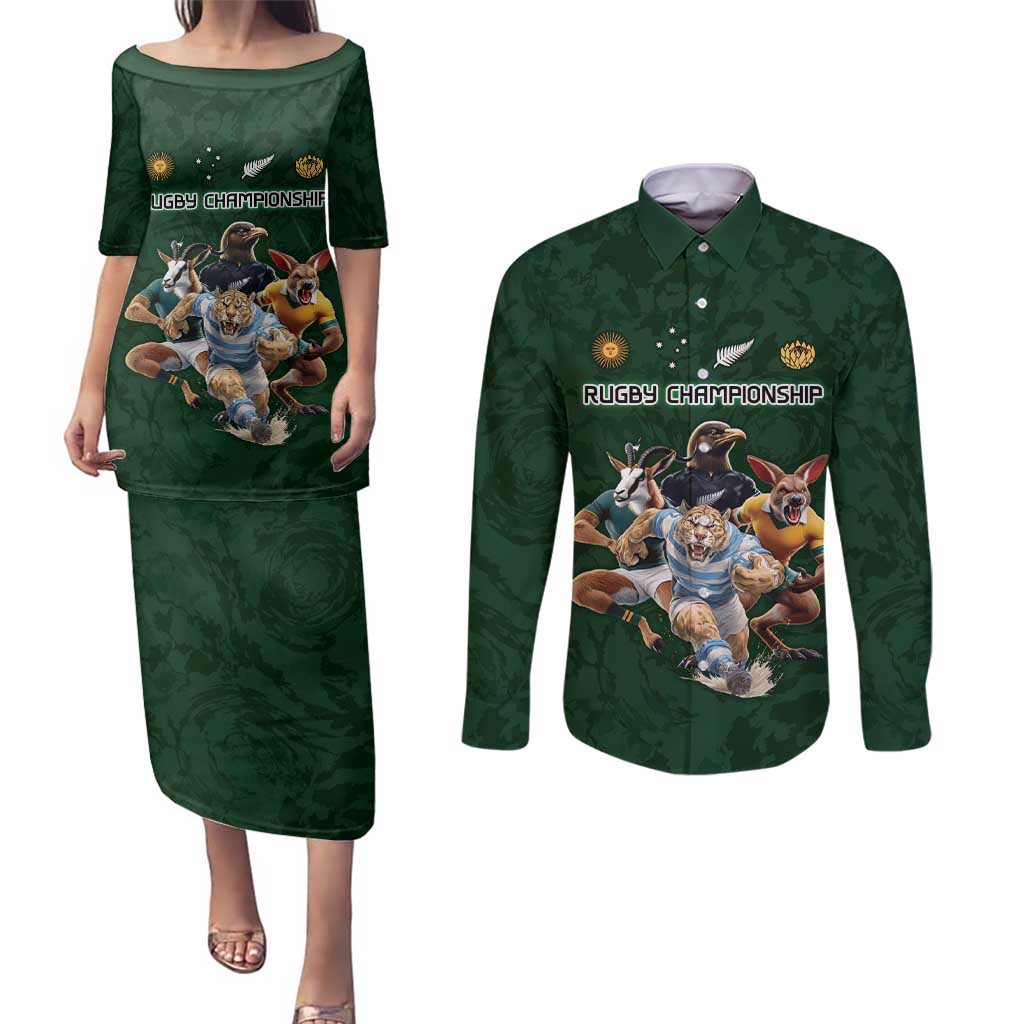 Custom Rugby Southern Hemisphere Couples Matching Puletasi and Long Sleeve Button Shirt Argentina AUNZ South Africa Mascot Green - Aussie Hoodie
