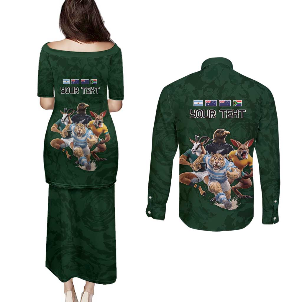 Custom Rugby Southern Hemisphere Couples Matching Puletasi and Long Sleeve Button Shirt Argentina AUNZ South Africa Mascot Green - Aussie Hoodie