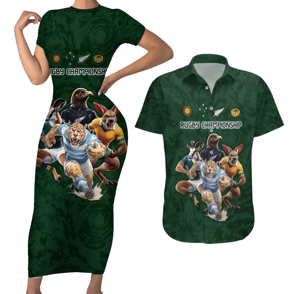 Custom Rugby Southern Hemisphere Couples Matching Short Sleeve Bodycon Dress and Hawaiian Shirt Argentina AUNZ South Africa Mascot Green - Aussie Hoodie