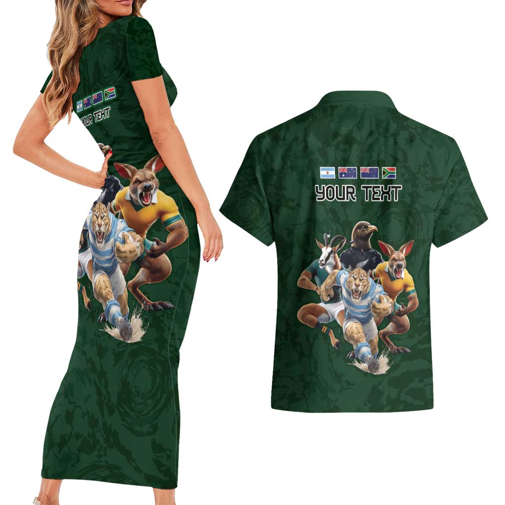 Custom Rugby Southern Hemisphere Couples Matching Short Sleeve Bodycon Dress and Hawaiian Shirt Argentina AUNZ South Africa Mascot Green - Aussie Hoodie