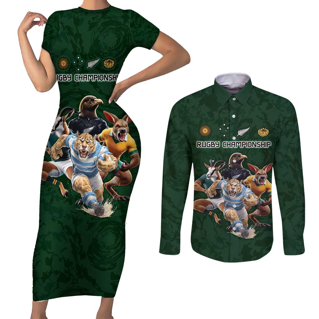 Custom Rugby Southern Hemisphere Couples Matching Short Sleeve Bodycon Dress and Long Sleeve Button Shirt Argentina AUNZ South Africa Mascot Green - Aussie Hoodie