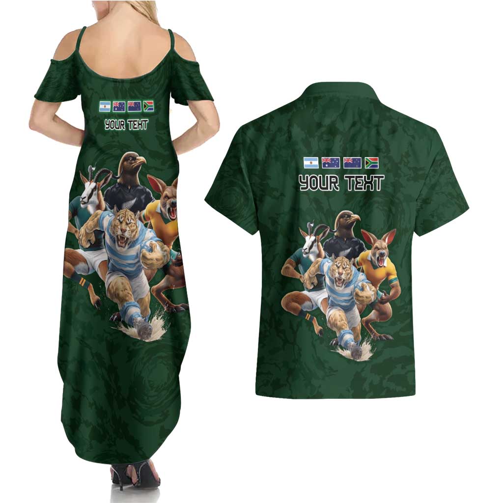 Custom Rugby Southern Hemisphere Couples Matching Summer Maxi Dress and Hawaiian Shirt Argentina AUNZ South Africa Mascot Green - Aussie Hoodie