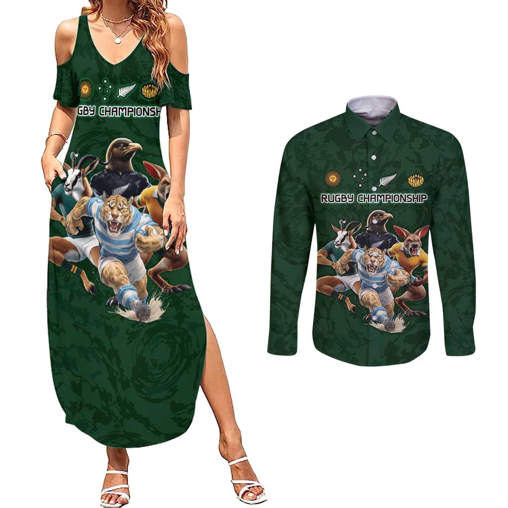 Custom Rugby Southern Hemisphere Couples Matching Summer Maxi Dress and Long Sleeve Button Shirt Argentina AUNZ South Africa Mascot Green - Aussie Hoodie