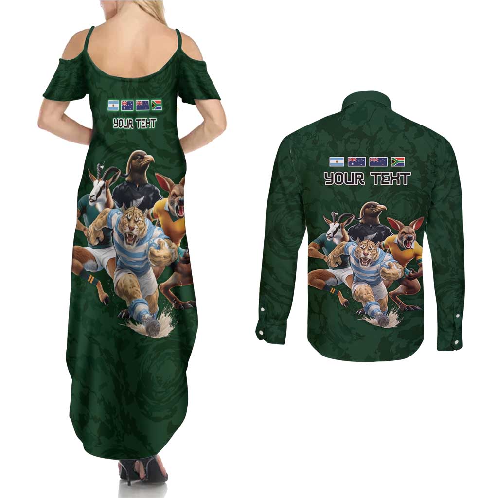 Custom Rugby Southern Hemisphere Couples Matching Summer Maxi Dress and Long Sleeve Button Shirt Argentina AUNZ South Africa Mascot Green - Aussie Hoodie