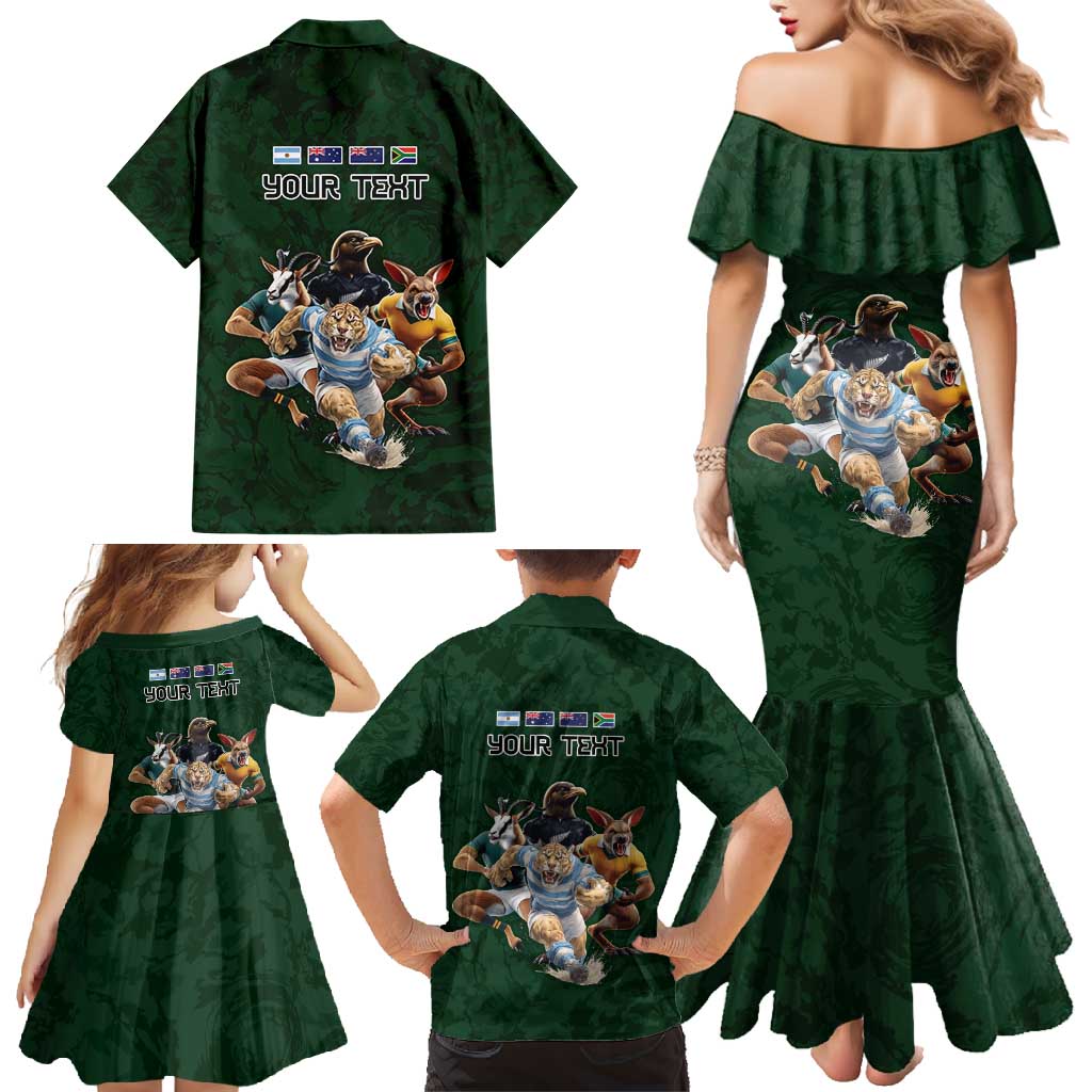 Custom Rugby Southern Hemisphere Family Matching Mermaid Dress and Hawaiian Shirt Argentina AUNZ South Africa Mascot Green - Aussie Hoodie