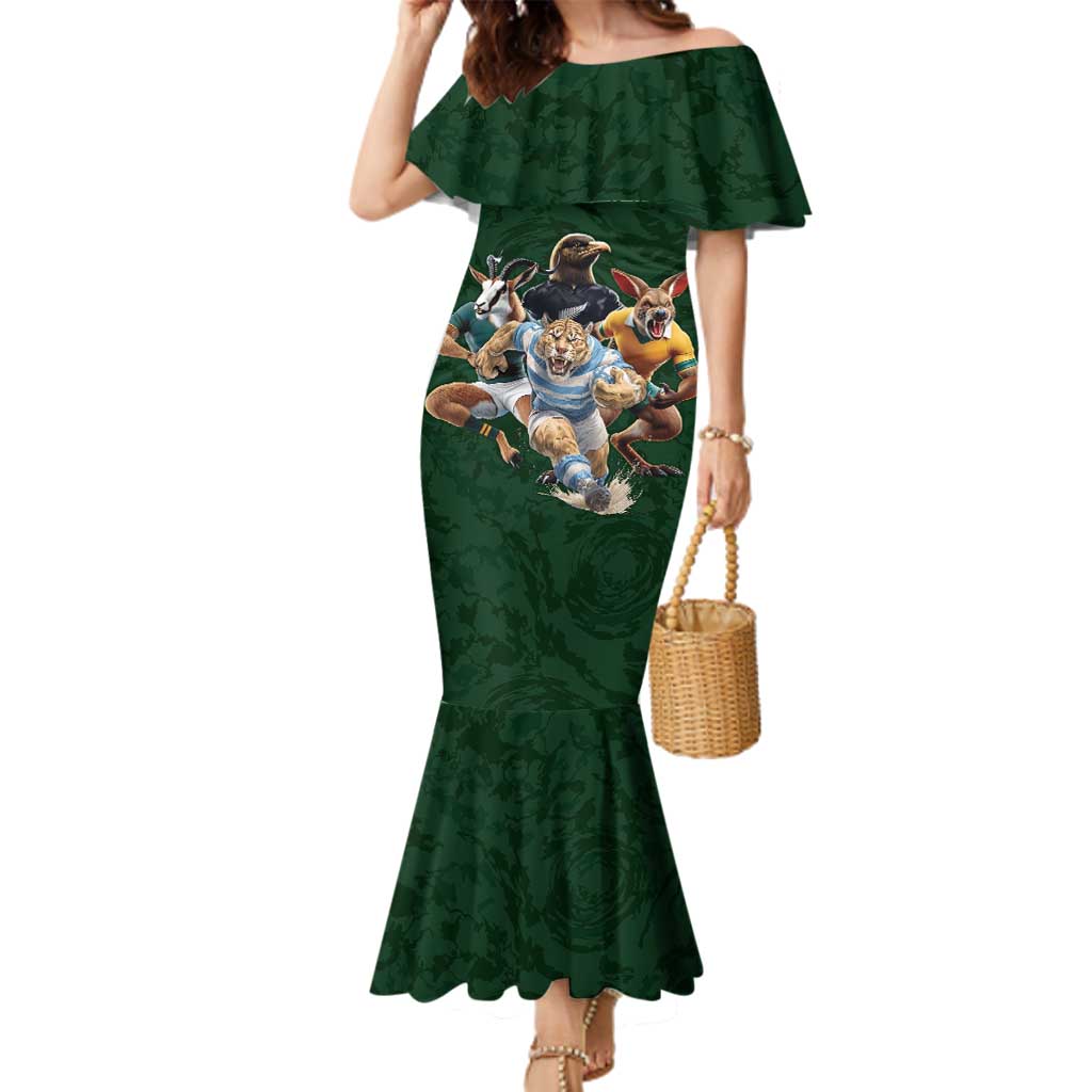 Custom Rugby Southern Hemisphere Family Matching Mermaid Dress and Hawaiian Shirt Argentina AUNZ South Africa Mascot Green - Aussie Hoodie