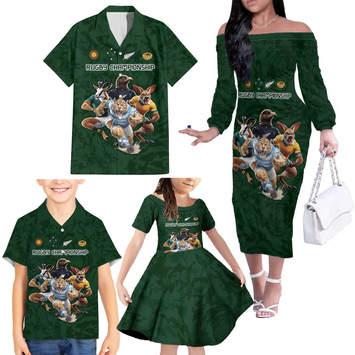 Custom Rugby Southern Hemisphere Family Matching Off The Shoulder Long Sleeve Dress and Hawaiian Shirt Argentina AUNZ South Africa Mascot Green - Aussie Hoodie