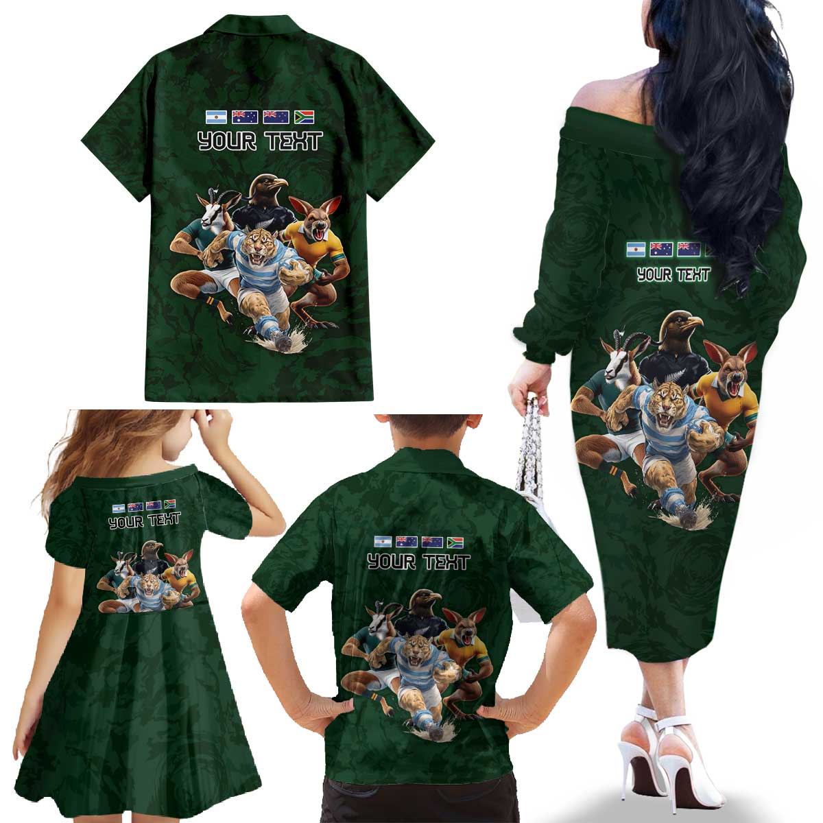 Custom Rugby Southern Hemisphere Family Matching Off The Shoulder Long Sleeve Dress and Hawaiian Shirt Argentina AUNZ South Africa Mascot Green - Aussie Hoodie