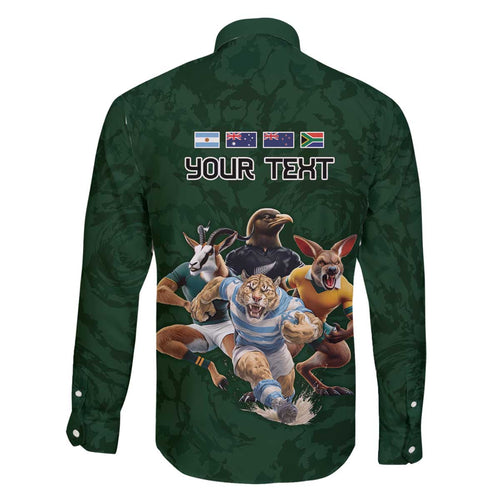 Custom Rugby Southern Hemisphere Family Matching Off The Shoulder Long Sleeve Dress and Hawaiian Shirt Argentina AUNZ South Africa Mascot Green - Aussie Hoodie