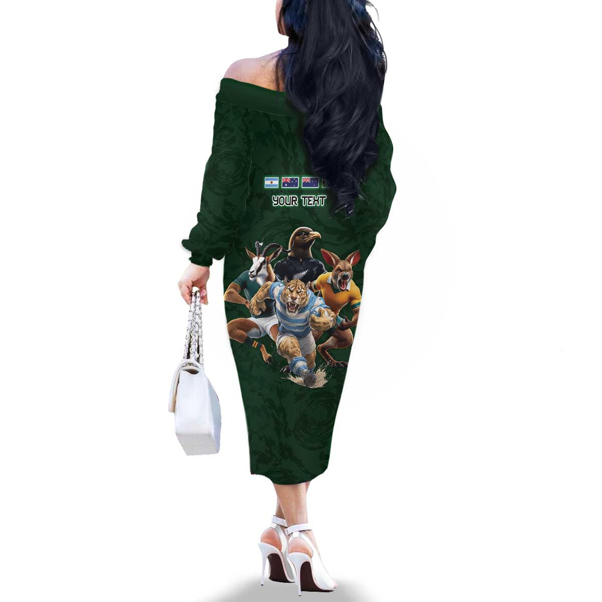 Custom Rugby Southern Hemisphere Family Matching Off The Shoulder Long Sleeve Dress and Hawaiian Shirt Argentina AUNZ South Africa Mascot Green - Aussie Hoodie
