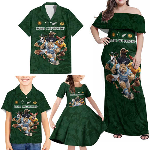 Custom Rugby Southern Hemisphere Family Matching Off Shoulder Maxi Dress and Hawaiian Shirt Argentina AUNZ South Africa Mascot Green - Aussie Hoodie