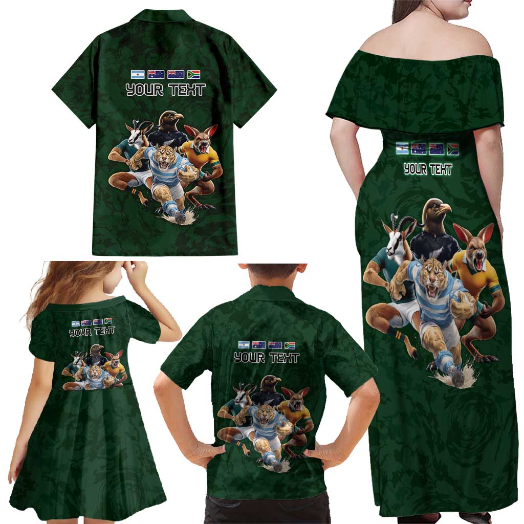 Custom Rugby Southern Hemisphere Family Matching Off Shoulder Maxi Dress and Hawaiian Shirt Argentina AUNZ South Africa Mascot Green - Aussie Hoodie