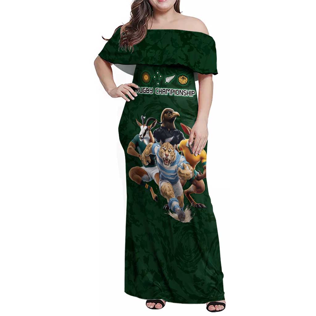 Custom Rugby Southern Hemisphere Family Matching Off Shoulder Maxi Dress and Hawaiian Shirt Argentina AUNZ South Africa Mascot Green - Aussie Hoodie