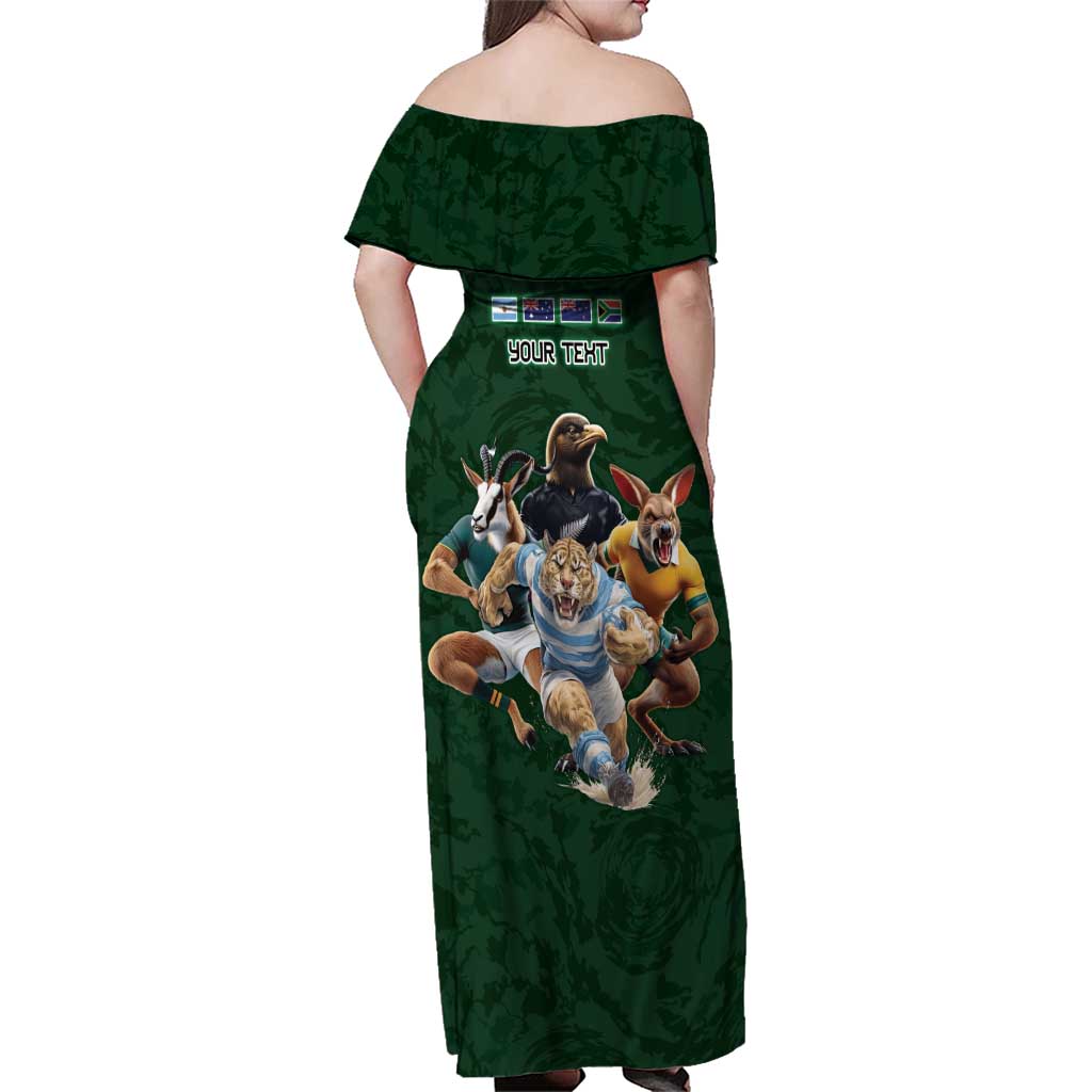Custom Rugby Southern Hemisphere Family Matching Off Shoulder Maxi Dress and Hawaiian Shirt Argentina AUNZ South Africa Mascot Green - Aussie Hoodie