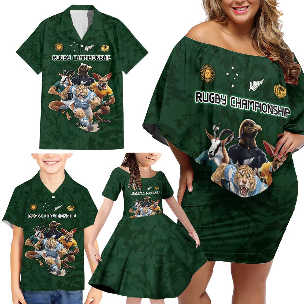 Custom Rugby Southern Hemisphere Family Matching Off Shoulder Short Dress and Hawaiian Shirt Argentina AUNZ South Africa Mascot Green - Aussie Hoodie