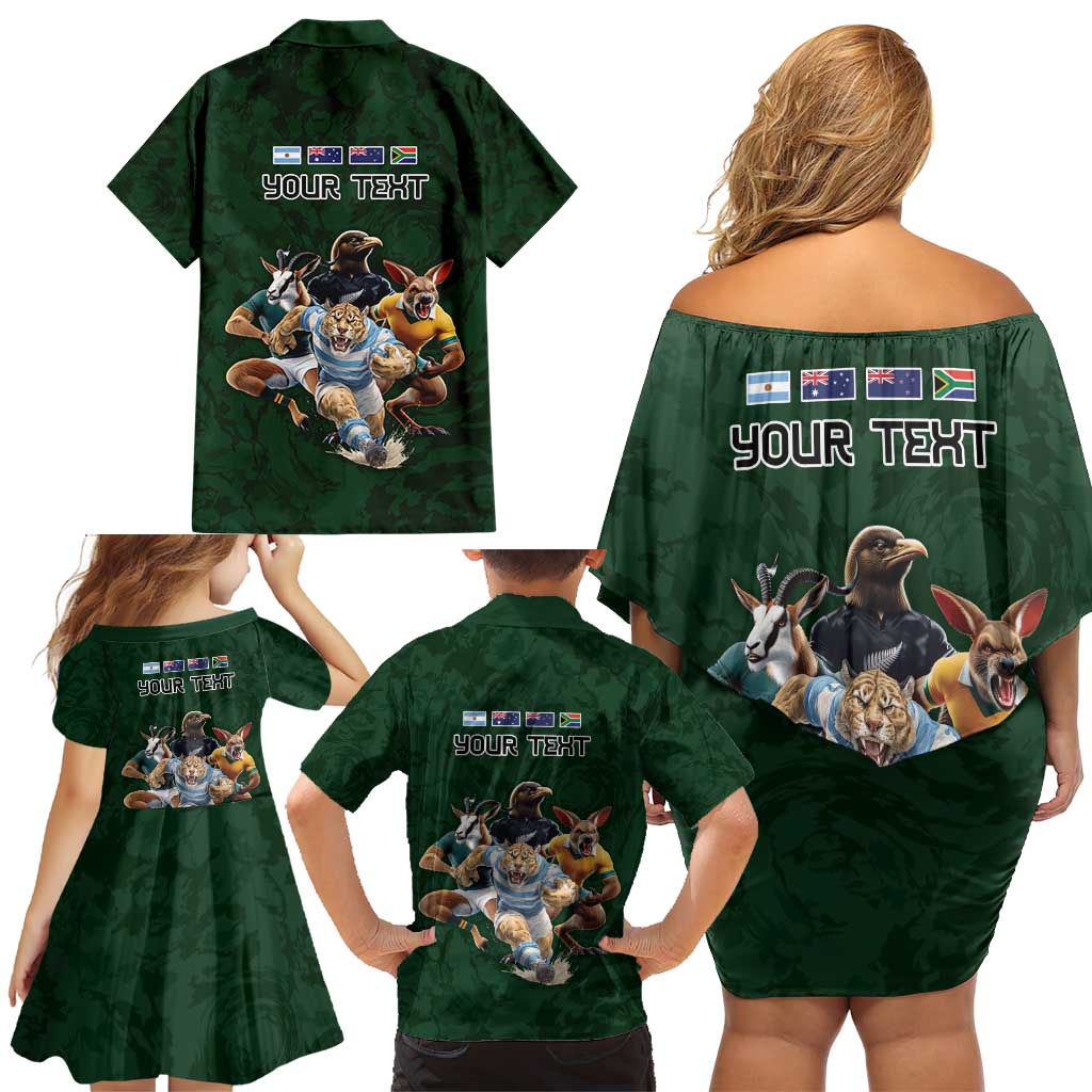 Custom Rugby Southern Hemisphere Family Matching Off Shoulder Short Dress and Hawaiian Shirt Argentina AUNZ South Africa Mascot Green - Aussie Hoodie