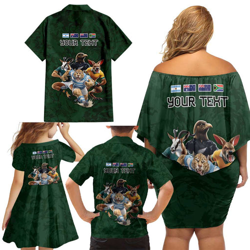Custom Rugby Southern Hemisphere Family Matching Off Shoulder Short Dress and Hawaiian Shirt Argentina AUNZ South Africa Mascot Green - Aussie Hoodie