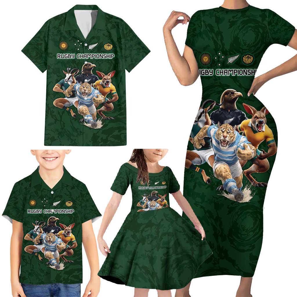 Custom Rugby Southern Hemisphere Family Matching Short Sleeve Bodycon Dress and Hawaiian Shirt Argentina AUNZ South Africa Mascot Green - Aussie Hoodie