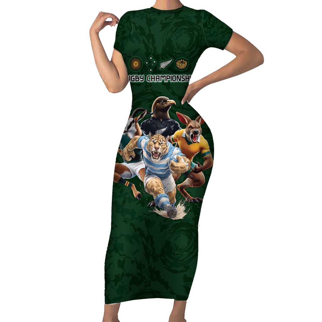 Custom Rugby Southern Hemisphere Family Matching Short Sleeve Bodycon Dress and Hawaiian Shirt Argentina AUNZ South Africa Mascot Green - Aussie Hoodie