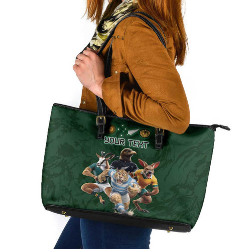 Custom Rugby Southern Hemisphere Leather Tote Bag Argentina AUNZ South Africa Mascot Green - Aussie Hoodie