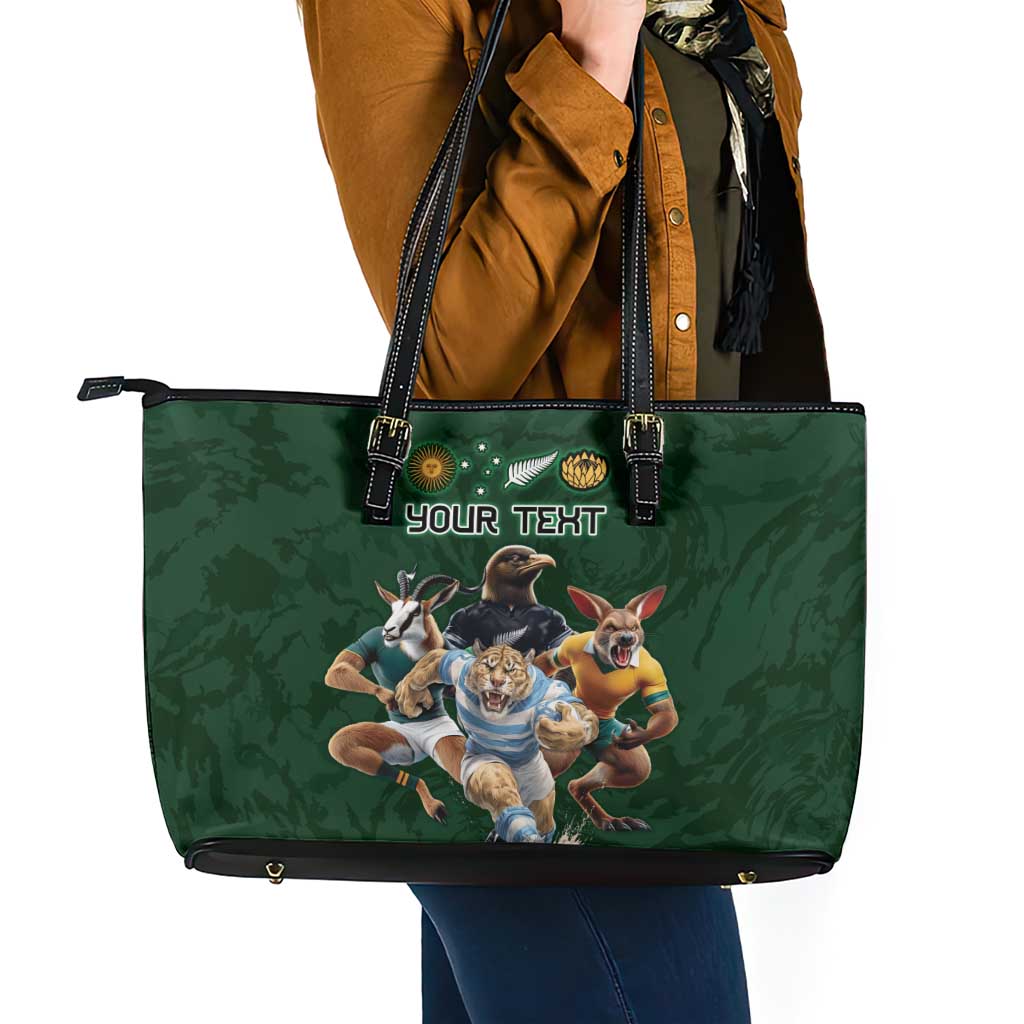 Custom Rugby Southern Hemisphere Leather Tote Bag Argentina AUNZ South Africa Mascot Green - Aussie Hoodie
