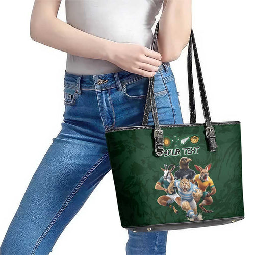 Custom Rugby Southern Hemisphere Leather Tote Bag Argentina AUNZ South Africa Mascot Green - Aussie Hoodie