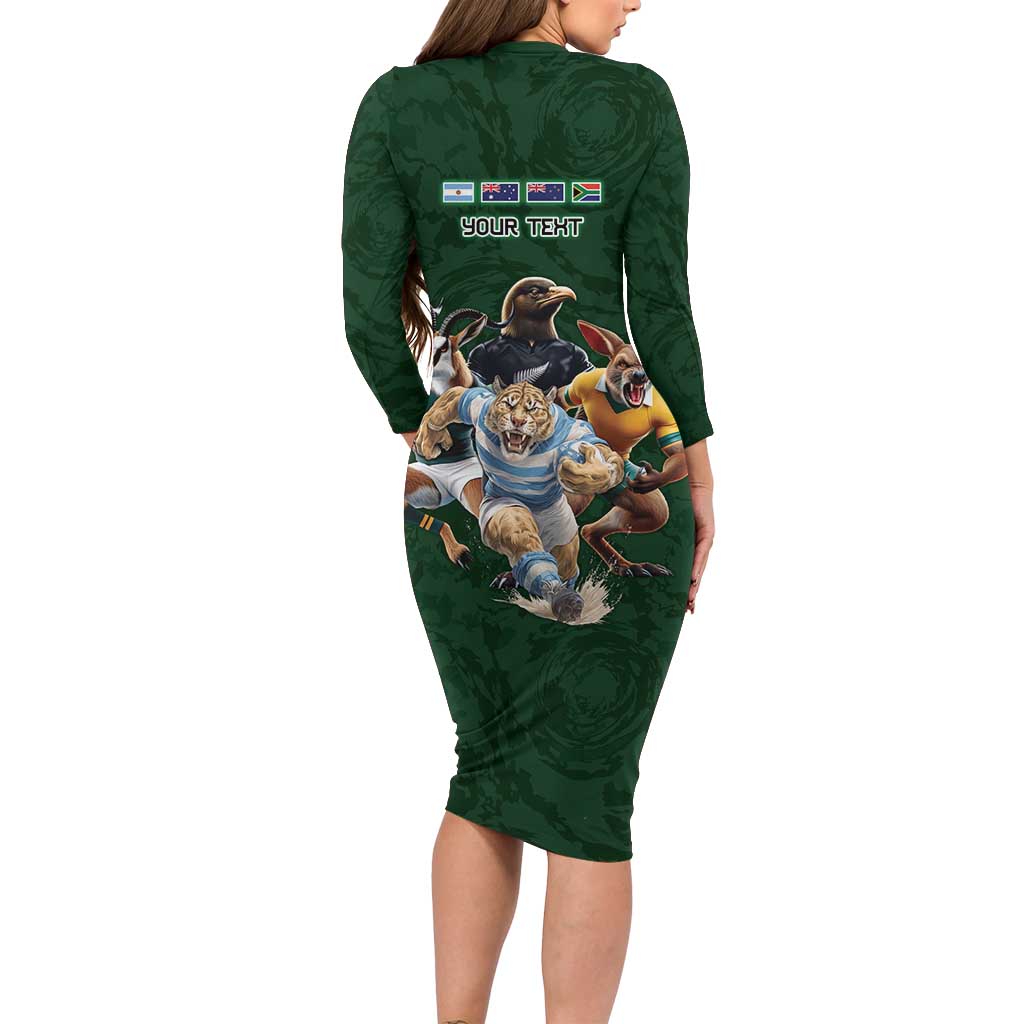 Custom Rugby Southern Hemisphere Long Sleeve Bodycon Dress Argentina AUNZ South Africa Mascot Green - Aussie Hoodie