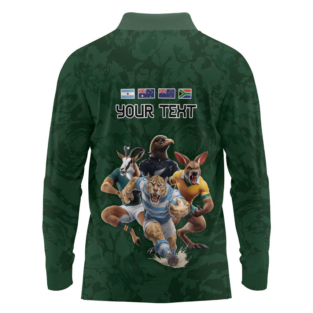 Custom Rugby Southern Hemisphere Long Sleeve Polo Shirt Argentina AUNZ South Africa Mascot Green - Aussie Hoodie