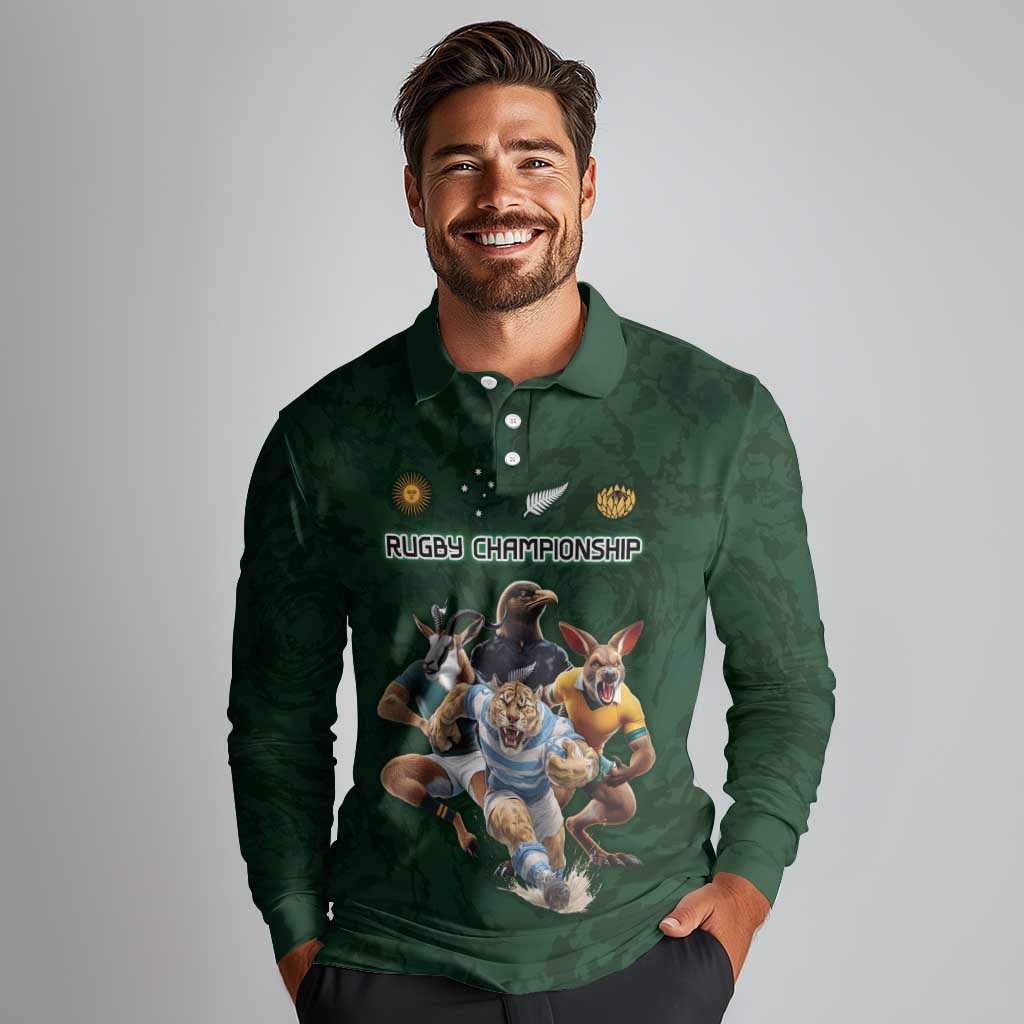 Custom Rugby Southern Hemisphere Long Sleeve Polo Shirt Argentina AUNZ South Africa Mascot Green - Aussie Hoodie