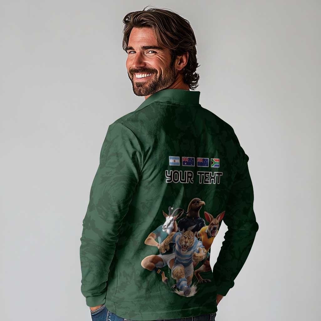 Custom Rugby Southern Hemisphere Long Sleeve Polo Shirt Argentina AUNZ South Africa Mascot Green - Aussie Hoodie