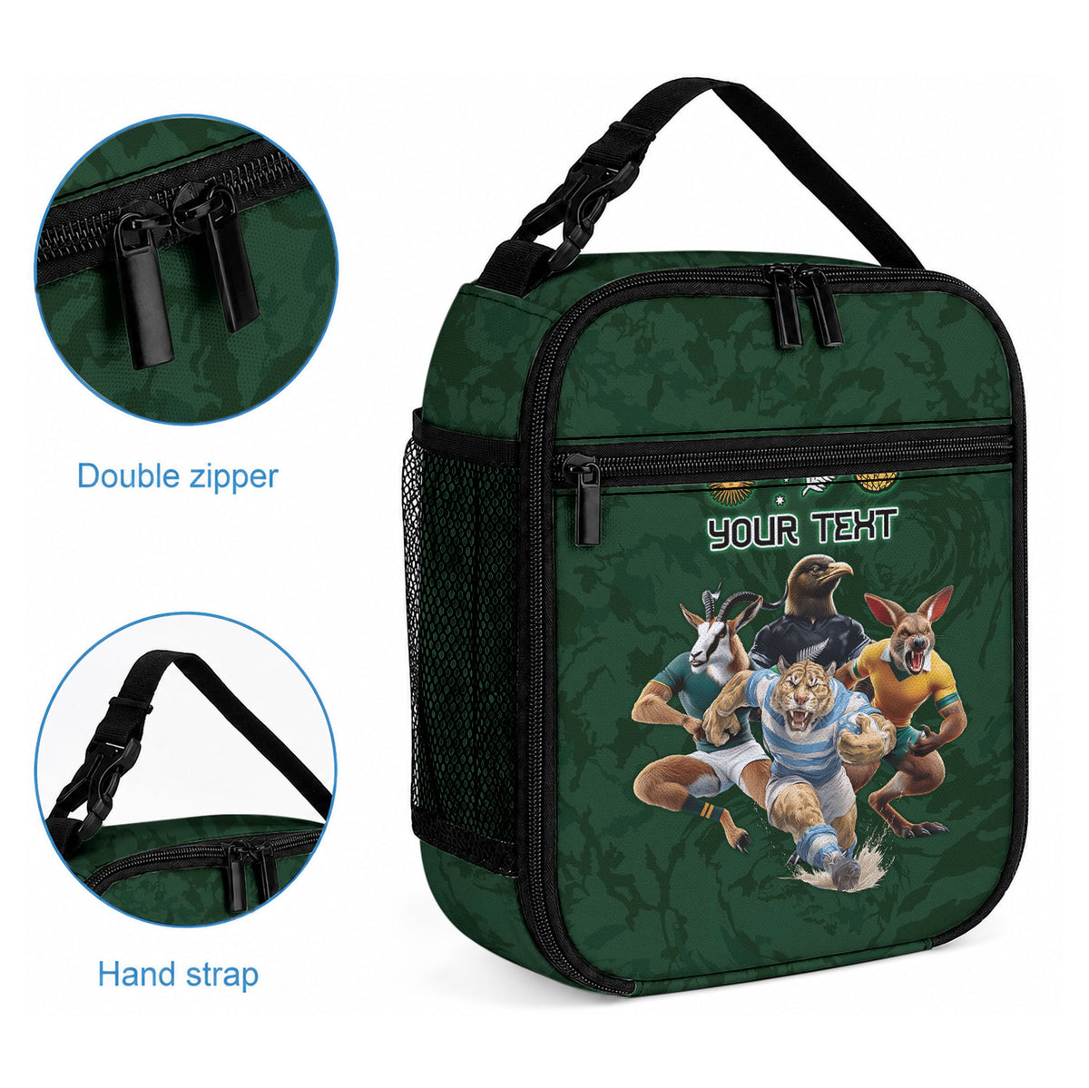 Custom Rugby Southern Hemisphere Lunch Bag Argentina AUNZ South Africa Mascot Green