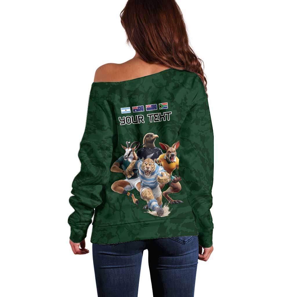 Custom Rugby Southern Hemisphere Off Shoulder Sweater Argentina AUNZ South Africa Mascot Green - Aussie Hoodie