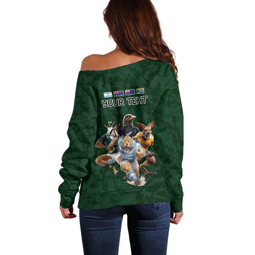 Custom Rugby Southern Hemisphere Off Shoulder Sweater Argentina AUNZ South Africa Mascot Green - Aussie Hoodie