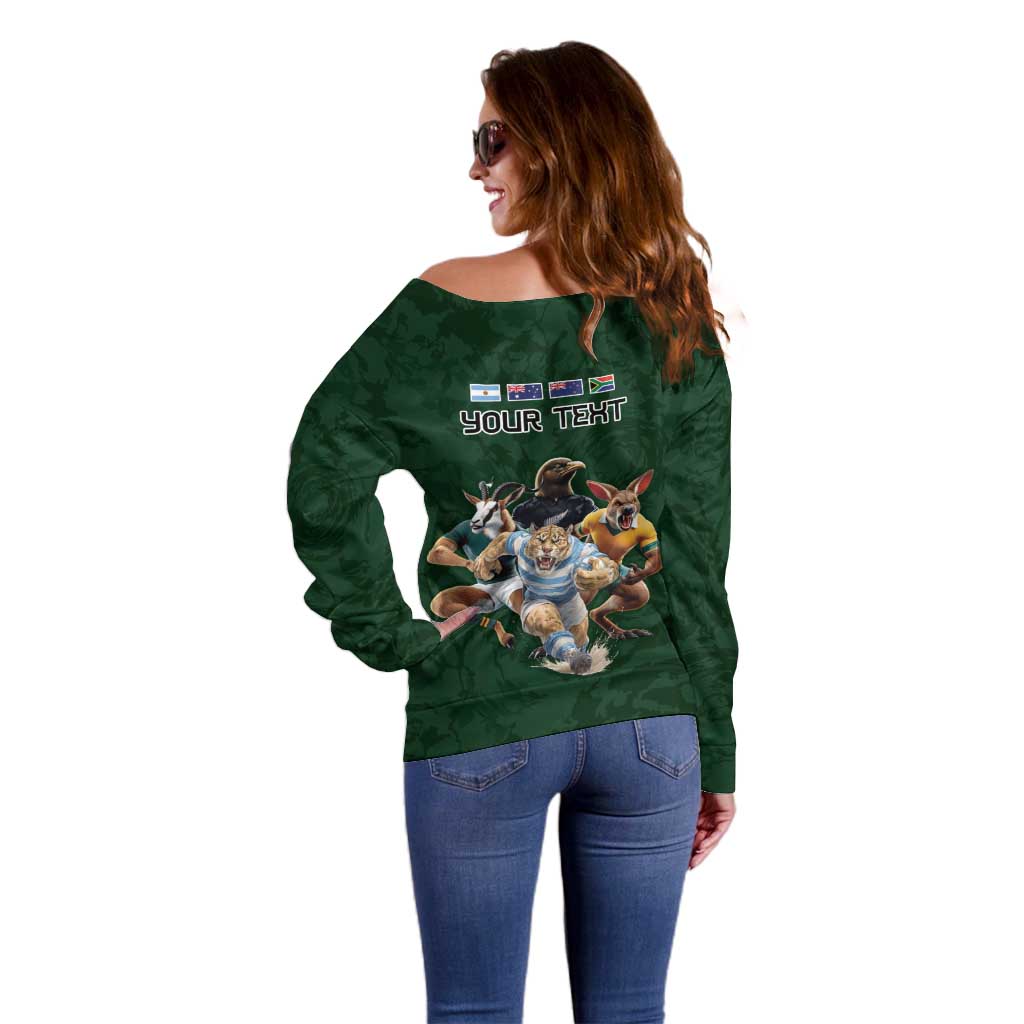 Custom Rugby Southern Hemisphere Off Shoulder Sweater Argentina AUNZ South Africa Mascot Green - Aussie Hoodie