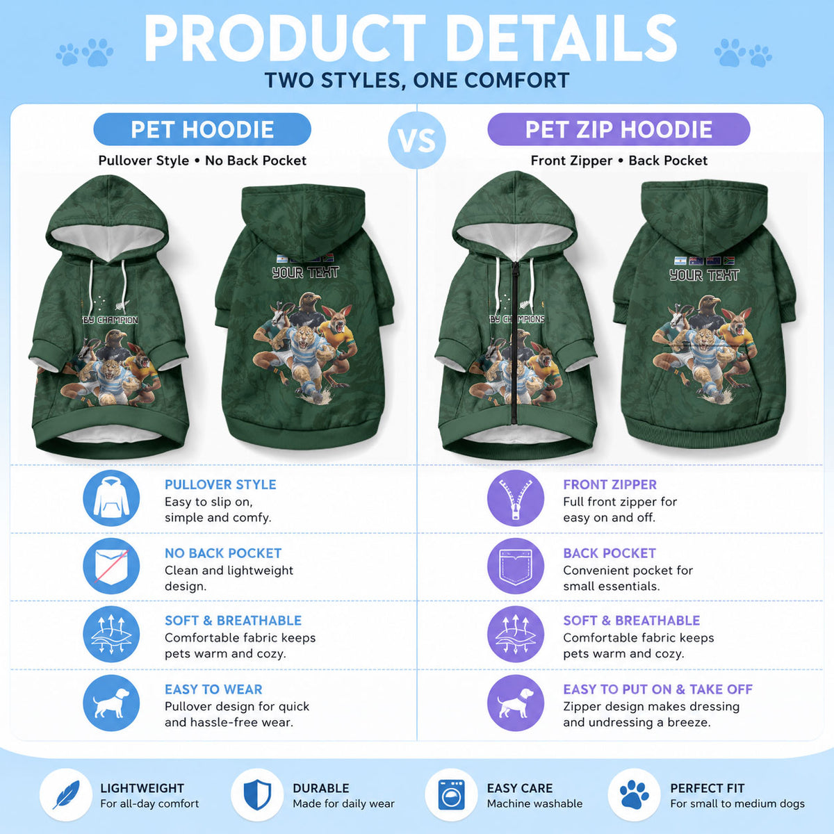 Custom Rugby Southern Hemisphere Pet Hoodie Argentina AUNZ South Africa Mascot Green