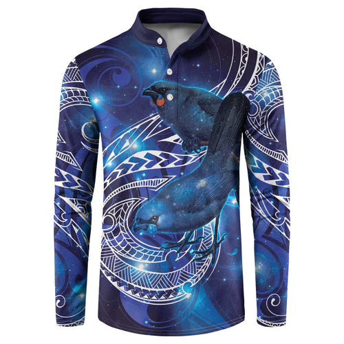 North Island Kokako and South Island Kokako Button Sweatshirt New Zealand Native Bird with Galaxy Vibe