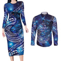 North Island Kokako and South Island Kokako Couples Matching Long Sleeve Bodycon Dress and Long Sleeve Button Shirt New Zealand Native Bird with Galaxy Vibe